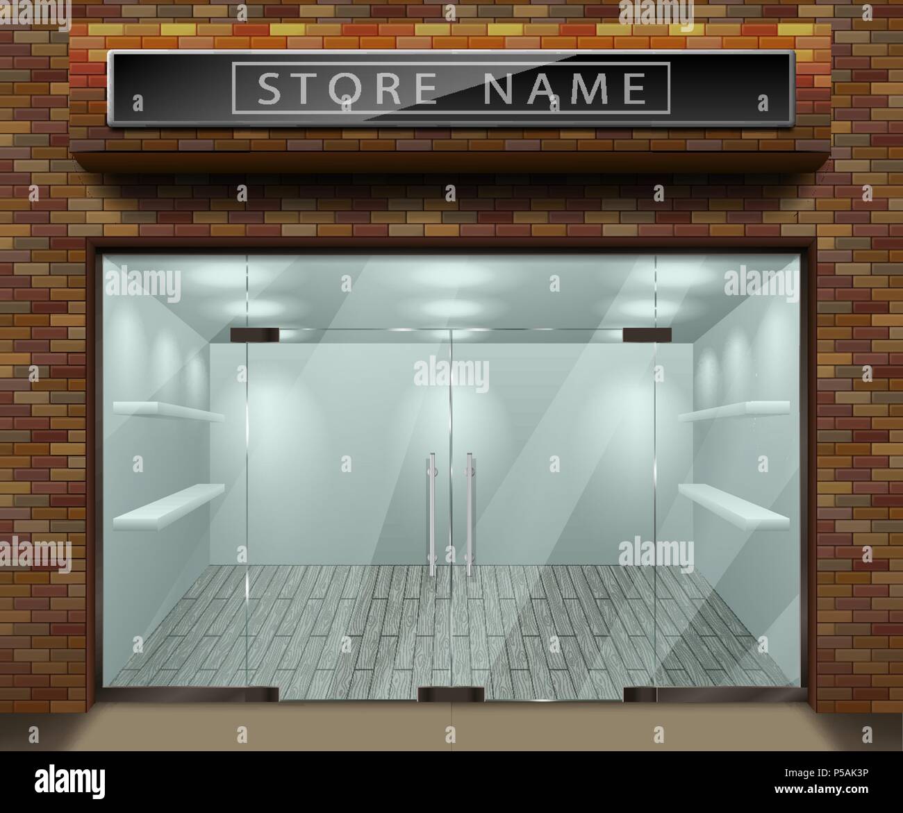 Modello per pubblicità 3d negozio facciata frontale con mattoni rossi. Vuoto esterna negozio o boutique con finestra trasparente. Blank mockup del vetro elegante street shop. Illustrazione Vettoriale Illustrazione Vettoriale