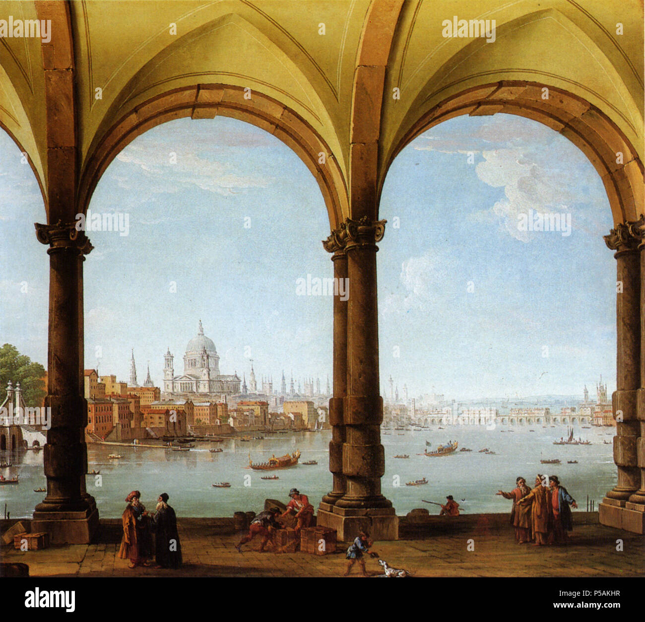 Inglese: Prospettiva di Londra da una collonade con una veduta distante di San Paolo e il vecchio ponte di Londra N/A. N/A 113 Antonio Joli prospettiva di Londra Foto Stock