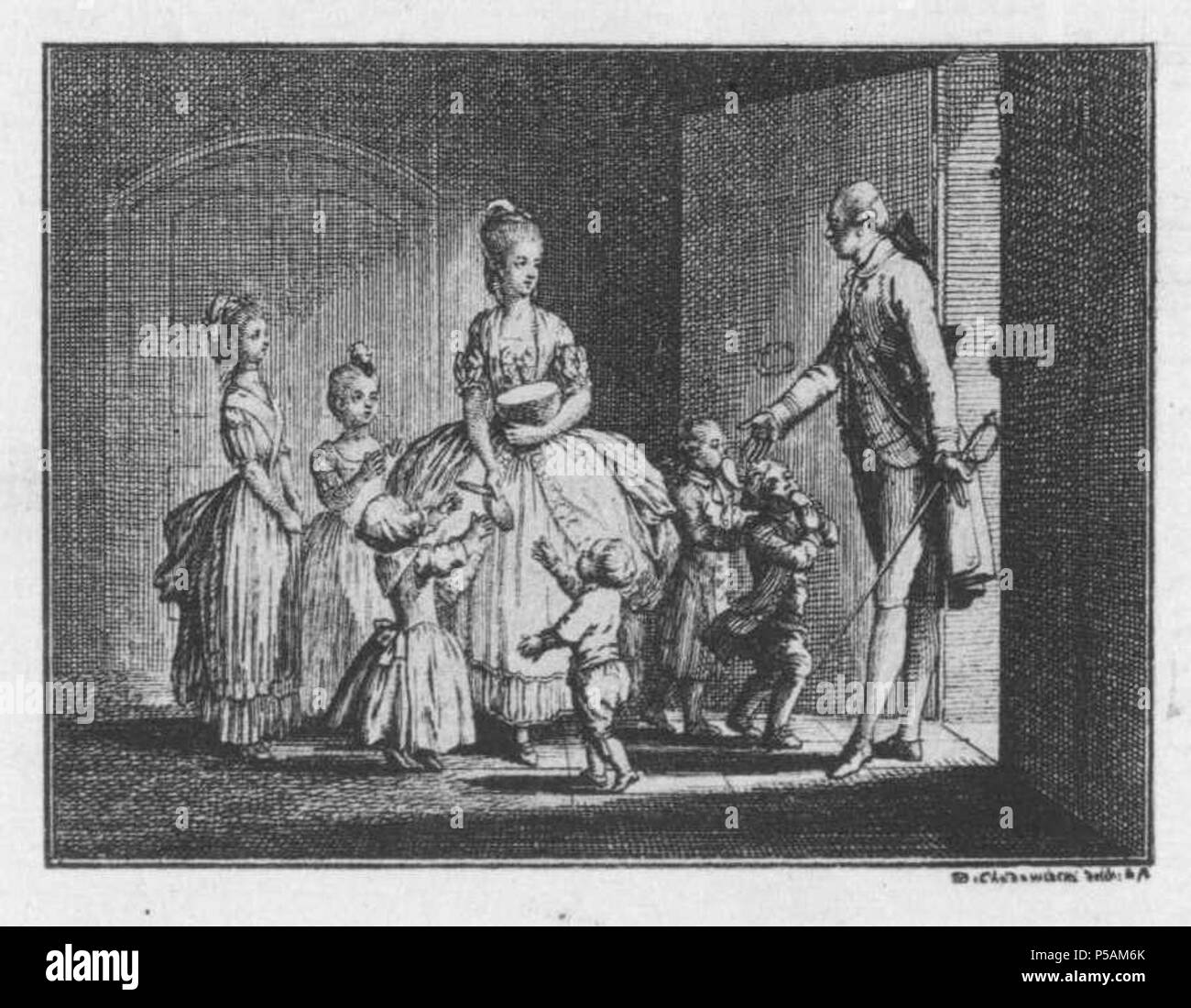 N/A. Deutsch: Zwei Titelvignetten zu del Goethe Werther: 2. Lotte im schneidet Ballanzug für Ihre Geschwister Brot ab, indem Werther zur Thür hereintritt, um sie zum Balle abzuholen. Beschreibung (lt. Quelle) Blatt 1 Blatt 2 der Serie . Daniel Chodowiecki (1726-1801) nomi alternativi Daniel Nikolaus Chodowiecki Descrizione German-Polish pittore e incisore Data di nascita e morte 16 Ottobre 1726 7 febbraio 1801 Luogo di nascita e morte Gdask Berlino posizione di lavoro autorità di Berlino controllo : Q696720 VIAF:59092320 ISNI:0000 0001 2134 8231 ULAN:500014861 LCCN:N50038187 NLA:36058735 WorldC Foto Stock