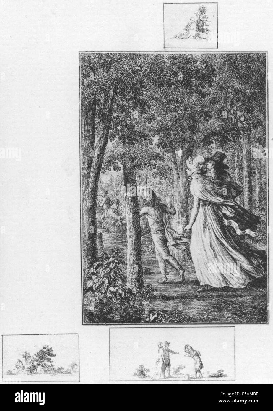 N/A. Deutsch: Sechs Blätter zu Voss' Luise: 2. Walter, Luise und Karl laufen im Walde, wo Sie ein Plätzchen zum Abendessen suchten, auf den mit den Eltern landenden Kahn zu. (Beigabe zum Almanach und Taschenbuch zum geselligen Vergnügen von W. G. Becker für 1798.) Beschreibung (lt. Quelle) Blatt 1 Blatt 2 Blatt 3 Blatt 4 Blatt 5 Blatt 6 der Serie . Daniel Chodowiecki (1726-1801) nomi alternativi Daniel Nikolaus Chodowiecki Descrizione German-Polish pittore e incisore Data di nascita e morte 16 Ottobre 1726 7 febbraio 1801 Luogo di nascita e morte Gdask Berlino posizione Lavoro Ber Foto Stock