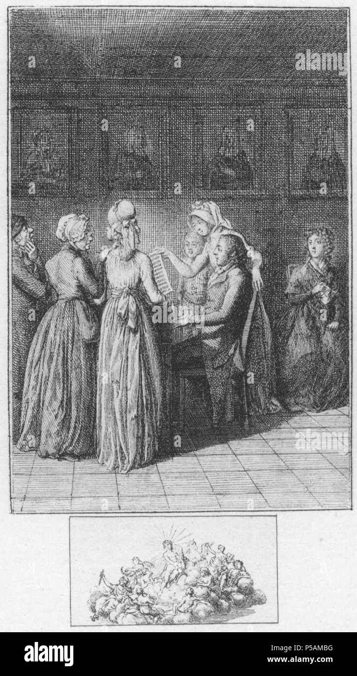 N/A. Deutsch: Sechs Blätter zu Voss' Luise: 4. Die jungen Leute und die Familie gräfliche am Klavier. Die Mutter warnet jene, weil es Abend wird, ihre Augen zu schonen. (Beigabe zum Almanach und Taschenbuch zum geselligen Vergnügen von W. G. Becker für 1798.) Beschreibung (lt. Quelle) Blatt 1 Blatt 2 Blatt 3 Blatt 4 Blatt 5 Blatt 6 der Serie . Daniel Chodowiecki (1726-1801) nomi alternativi Daniel Nikolaus Chodowiecki Descrizione German-Polish pittore e incisore Data di nascita e morte 16 Ottobre 1726 7 febbraio 1801 Luogo di nascita e morte Gdask Berlino posizione Lavoro Berlin Foto Stock