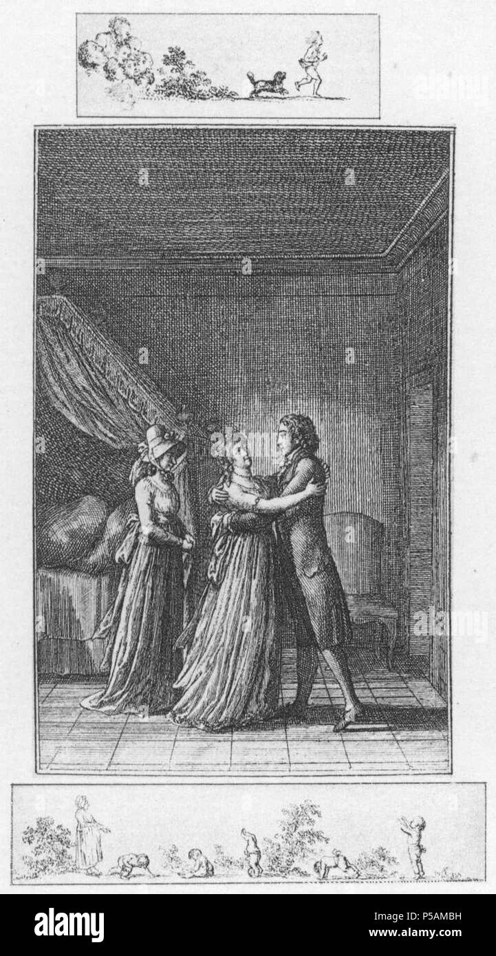 N/A. Deutsch: Sechs Blätter zu Voss' Luise: 5. Walter überrascht und umarmt Luisen auf ihrem Zimmer, wohin sie mit der jungen Gräfin guerra gegangen um den Brautschmuck anzulegen. (Beigabe zum Almanach und Taschenbuch zum geselligen Vergnügen von W. G. Becker für 1798.) Beschreibung (lt. Quelle) Blatt 1 Blatt 2 Blatt 3 Blatt 4 Blatt 5 Blatt 6 der Serie . Daniel Chodowiecki (1726-1801) nomi alternativi Daniel Nikolaus Chodowiecki Descrizione German-Polish pittore e incisore Data di nascita e morte 16 Ottobre 1726 7 febbraio 1801 Luogo di nascita e morte Gdask Berlino posizione di lavoro Foto Stock