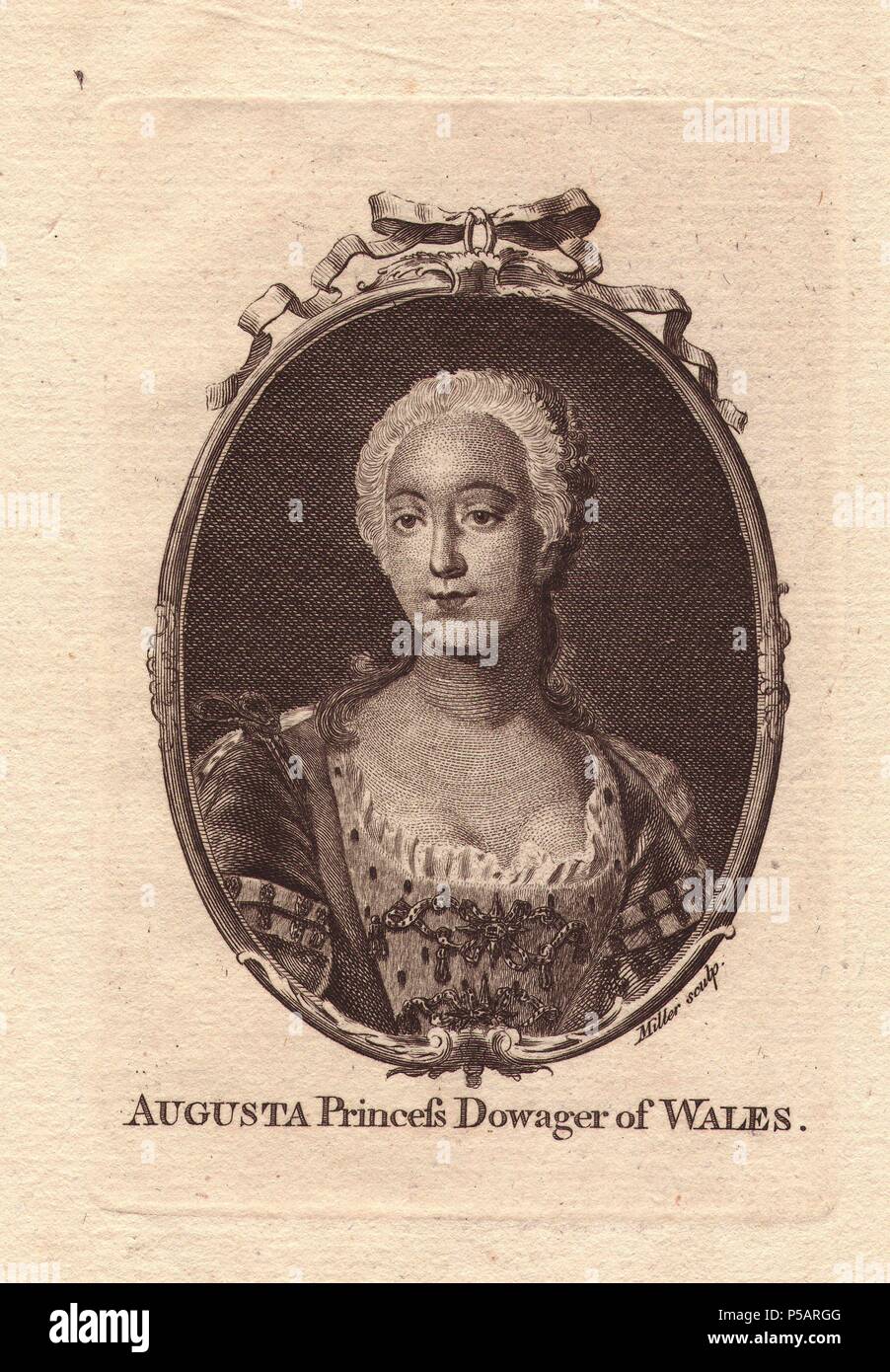 La principessa Augusta di Sax-Gotha-Altenburg (1719-1772), la Principessa di Galles e successivamente Dowager Principessa di Galles. . Ritratto di calcografia, inciso da Miller. Foto Stock