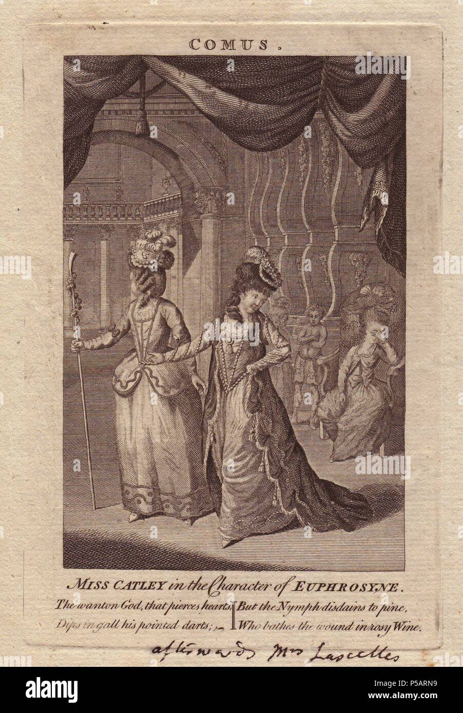 Ann Catley come Euphrosyne in John Milton 'Comus.". . Ann Catley (1745-1789), più tardi Ann Lascelles, era un'attrice e cantante. Ha suonato con George zappe come Comus quando è stata rilanciata nel 1773 a Covent Garden. . Incisione su rame da un artista sconosciuto. Foto Stock