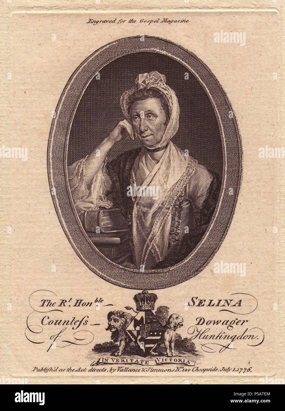 Selina, Contessa Dowager di Huntingdon (1707-1791), inglese leader religiosi che hanno svolto un importante ruolo nel movimento metodista del XVIII secolo. Incisione su rame per il Vangelo Magazine, 1776. Foto Stock