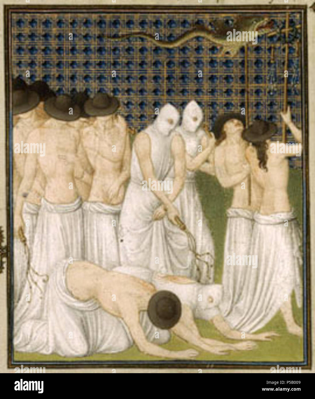 N/A. Inglese: "Processione di flagellants' pagina dal Belles Heures di Jean di Francia, il Duca di Berry, Francese. Inchiostro, tempera e foglia oro su pergamena; 9 3/8 x 6 5/8 in. (23,8 x 16,8 cm), i Chiostri Raccolta, 1954 (54.1.1). il Metropolitan Museum of Art. Folio 74v . Il 20 aprile 2009. Pol, Jean e Herman de Limbourg (Franco-Netherlandish, attiva in Francia, dal 1399-1416) 185 Belles heures jean Duc de berry flagellants Foto Stock
