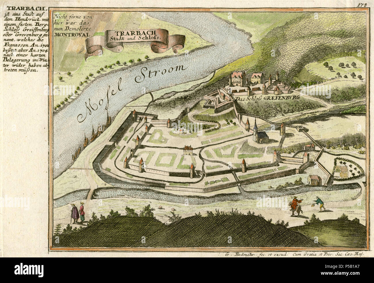 N/A. Deutsch: Kupferstich der Stadt Trarbach (Mosel) samt Grevenburg . 1704. G. Bodenehr 215 Bodenehr-trarbach Foto Stock