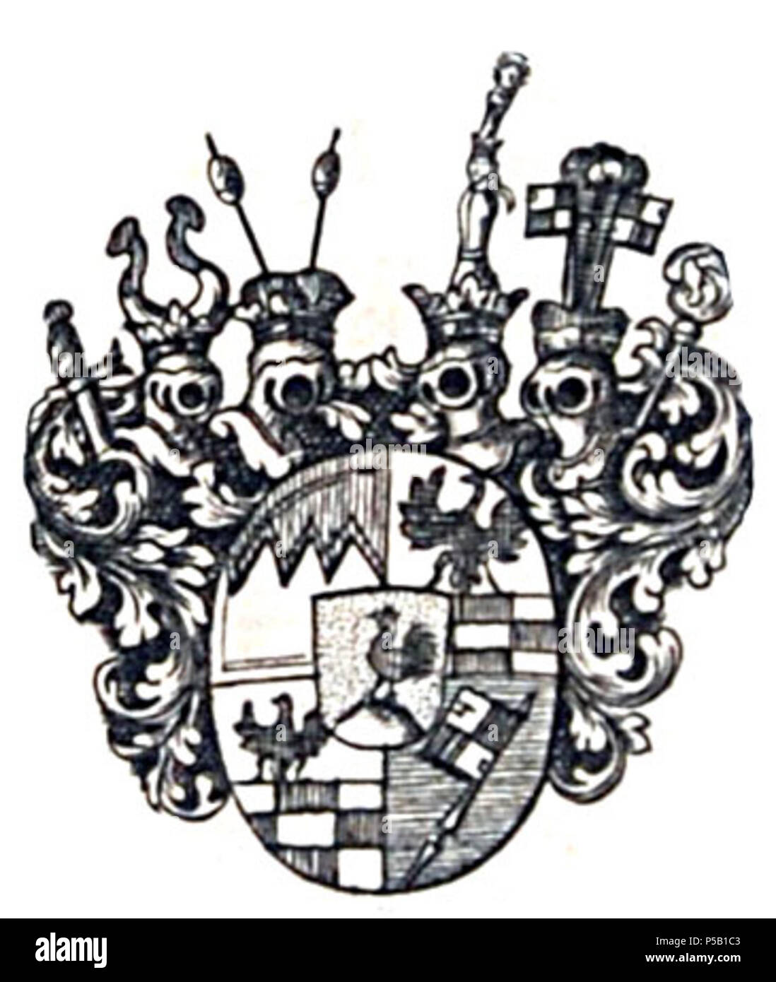 N/A. Inglese: Stemma Poppo I. († 14./15. Februar 961) Imperial Chancler 931 a 940 e 941-961Vescovo di Würzburg. um 1710 (pubblicato 1713). Johann Salver (1670-1738) Descrizione scrittore tedesco Data di nascita e morte 1670 1738 Luogo di nascita e morte Forchheim competente controllo : Q100265 VIAF:37258389 ISNI:0000 0000 6141 8962 Aprire Libreria:OL5238772A GND:100269761 RKD:479254 224 BoppoIHennenbergcoa Foto Stock