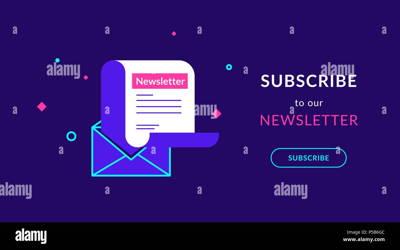 Iscriviti alla nostra newsletter settimanale piatta neon vettore illustrazione per la ui ux progettazione web con testo e pulsante. Newsletter Template in busta aperta per vi Illustrazione Vettoriale