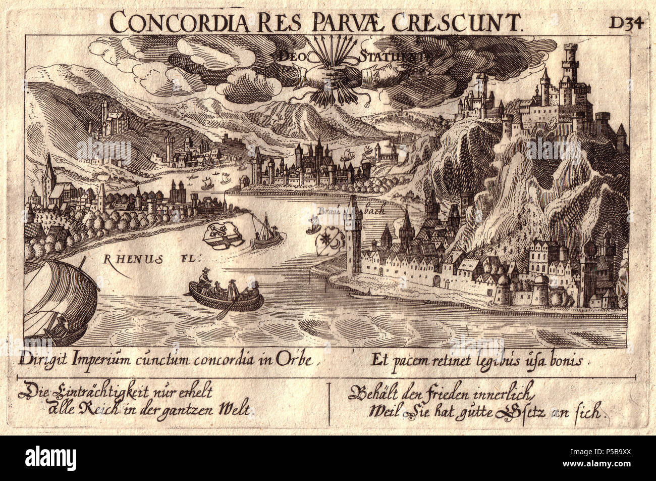 N/A. Inglese: incisione su rame: Braubach sul fiume Reno (Germania), intorno al 1630. Deutsch: originale Kupferstich von Braubach am Rhein um 1630. 1630. Meisner 230 Braubach1630 Foto Stock