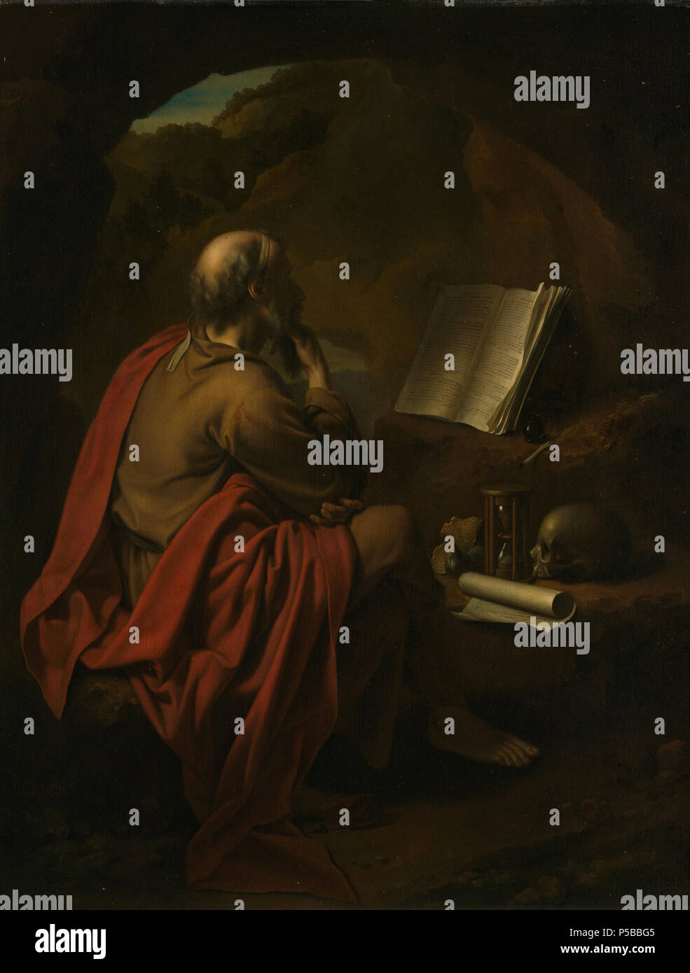 De heilige Hieronymus . Nederlands: De heilige Hieronymus zittend in een grot, lezend in een boek. Voor hem op een marcisce liggen een zandloper, een schedel en een opgerolde blad papier. . 1710. N/A 421 De heilige Hieronymus Rijksmuseum SK-A-470 Foto Stock