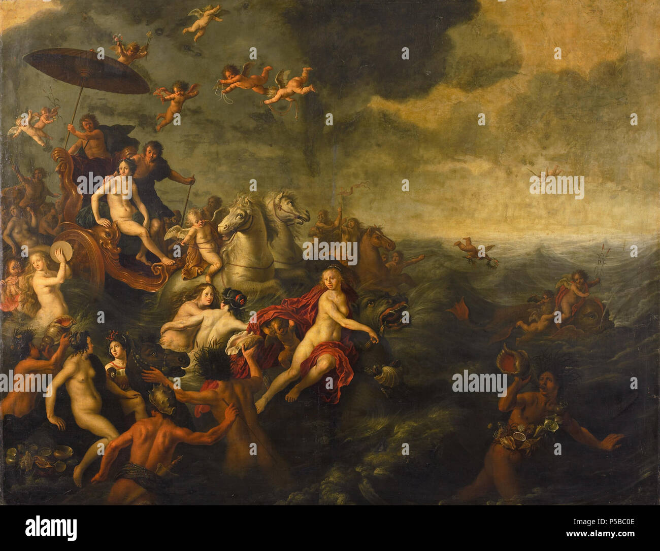 Il trionfo di Aci e Galatea . Aci e Galatea sono trasportate sopra l'acqua da un carro trionfale guidato da cavalli marini. Il carro è accompagnato da vari mermen, sirene, putti sui delfini e altre creature del mare. In aria battenti putti stanno portando fiori e gioielli. 1651. N/A 19 Galathea en Acis Rijksmuseum SK-A-1582 Foto Stock