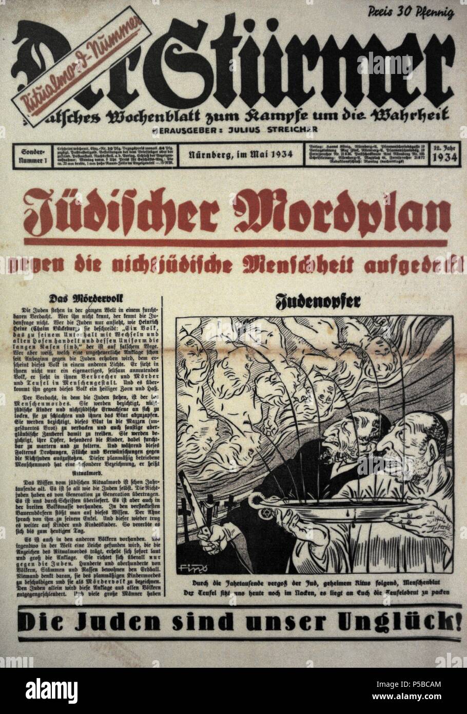 Der Sturmer. Carta settimanale edito da Il NSDAP Julius Streicher di Norimberga. Pagina anteriore. Numero speciale 1. Maggio, 1934. In primo piano: ebraica omicidio contro il piano non-ebreo umanità scoperto e gli ebrei sono la nostra disgrazia. Pro-memoria del campo di concentramento di Dachau. Germania. Foto Stock