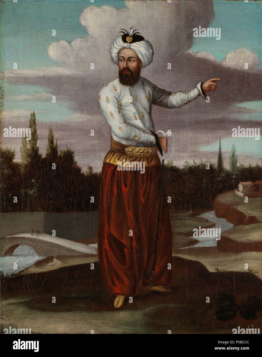 Un Chaous, un corriere per il Sultano . Un chaous, un corriere per il sultano. In piedi a tutta lunghezza, in un paesaggio. Parte della serie Vanmour. Tra il 1700 e il 1737. N/A 496 Een Tchavouch, een boodschapper van de sultan Rijksmuseum SK-A-2029 Foto Stock