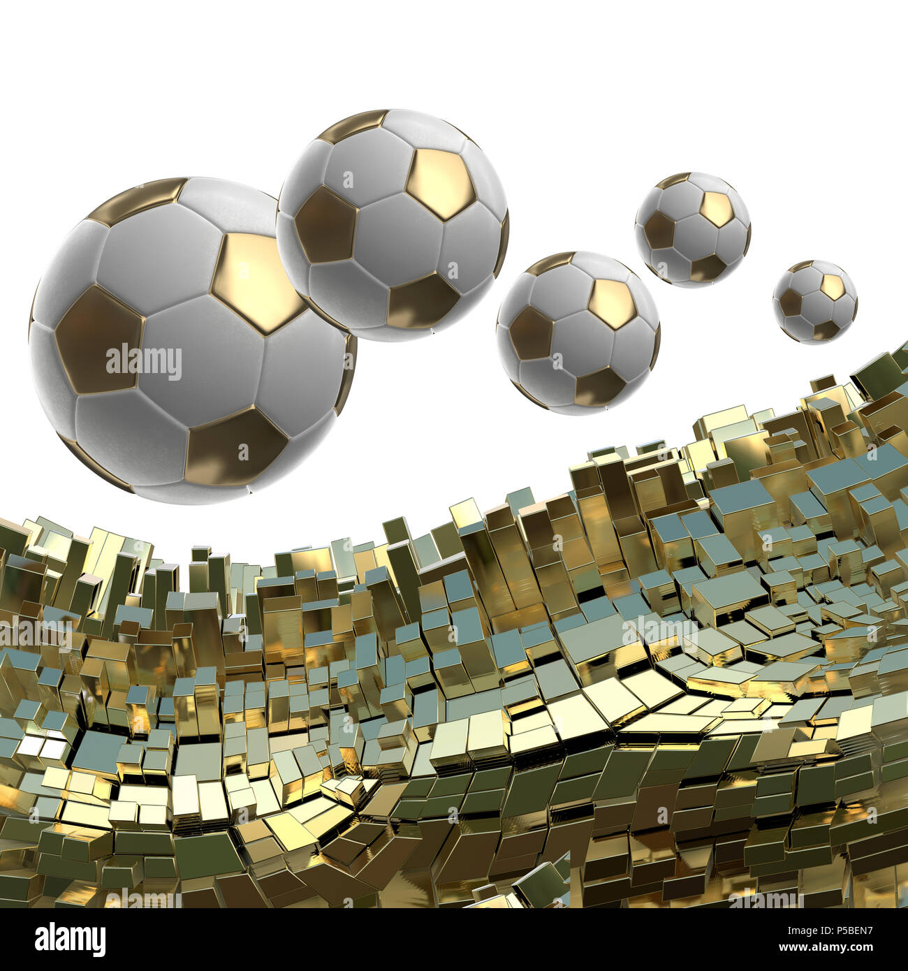 Soccer-sfere isolate su golden sfondo architettonico 3d illustrazione Foto Stock