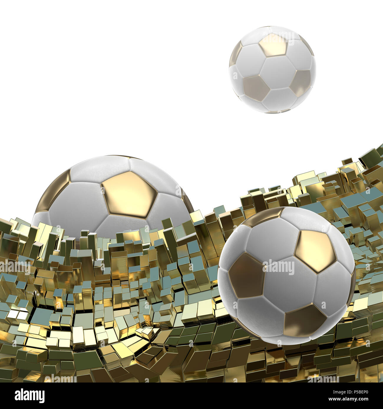 Soccer-sfere isolate su golden sfondo architettonico 3d illustrazione Foto Stock