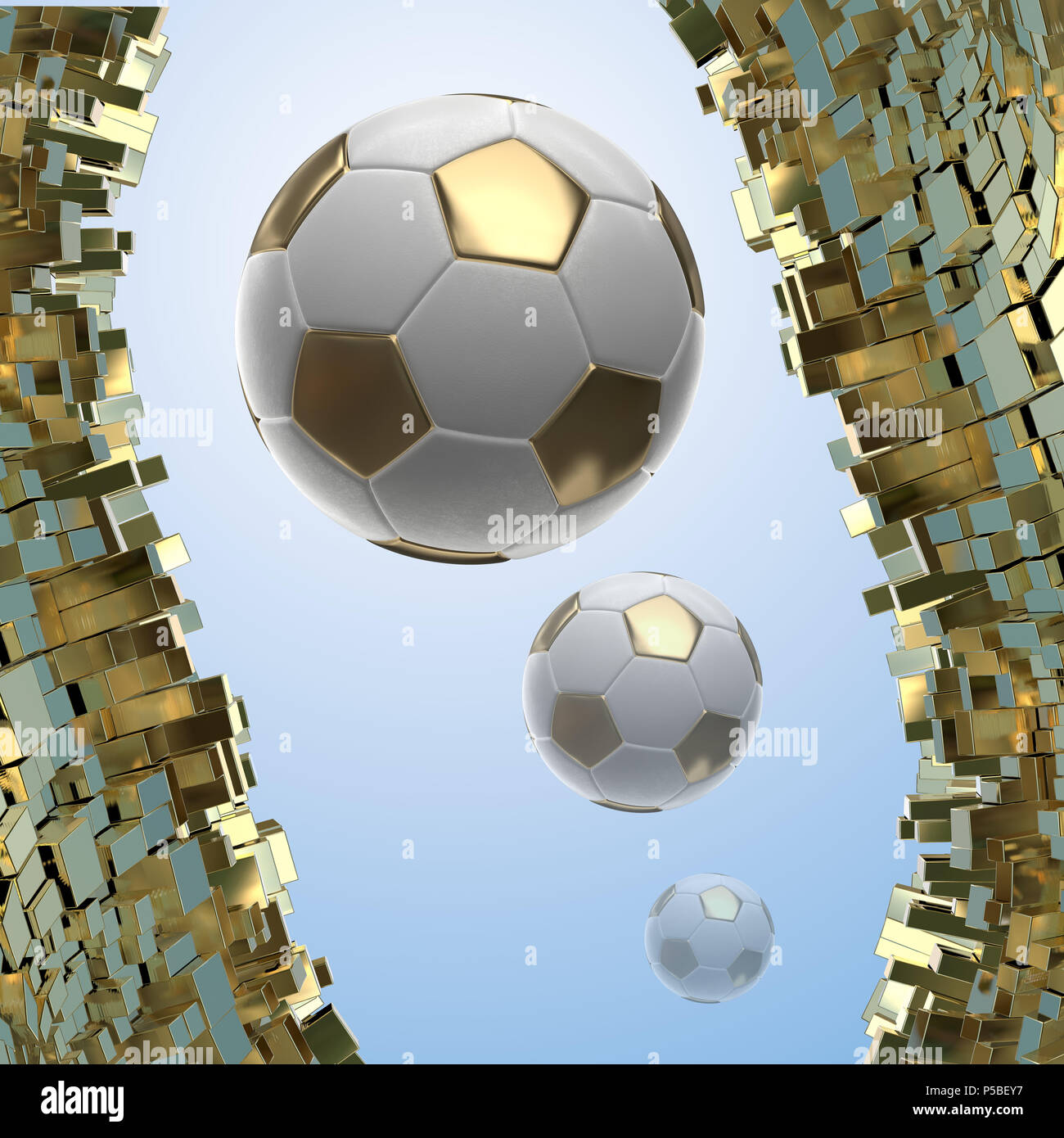 Soccer-sfere isolate su golden sfondo architettonico 3d illustrazione Foto Stock