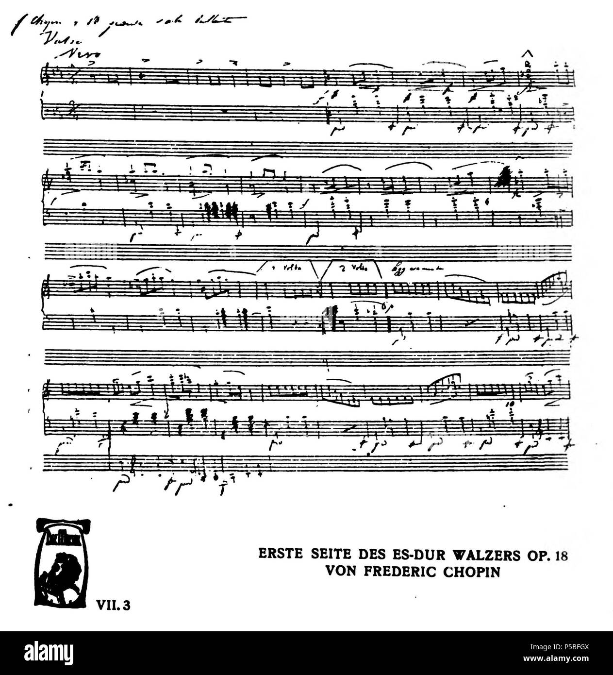 N/A. Inglese: Prima pagina manoscritta di Chopin Grande Valse brillante in E-bemolle maggiore, Op. 18. 1833 (composizione). Frédéric Chopin (1810-1849) nomi alternativi Fryderyk Chopin Descrizione musicista polacco Data di nascita e morte 22 Febbraio 1810 / 1 Marzo 1810 17 ottobre 1849 Luogo di nascita e morte elazowa Wola Paris Opera Parigi posizione competente controllo : Q1268 VIAF:71319254 ISNI:0000 0001 2138 5649 LCCN:N79127769 NARA:25341204 NLA:36588280 WorldCat 342 Chopin - Grande Valse brillante op18 - MS p1 - Die Musik vol7-3 Nov 1907 Foto Stock N/A. Inglese: Prima pagina manoscritta di Chopin Grande Valse brillante in E-bemolle maggiore, Op. 18. 1833 (composizione). Frédéric Chopin (1810-1849) nomi alternativi Fryderyk Chopin Descrizione musicista polacco Data di nascita e morte 22 Febbraio 1810 / 1 Marzo 1810 17 ottobre 1849 Luogo di nascita e morte elazowa Wola Paris Opera Parigi posizione competente controllo : Q1268 VIAF:71319254 ISNI:0000 0001 2138 5649 LCCN:N79127769 NARA:25341204 NLA:36588280 WorldCat 342 Chopin - Grande Valse brillante op18 - MS p1 - Die Musik vol7-3 Nov 1907 Foto Stock