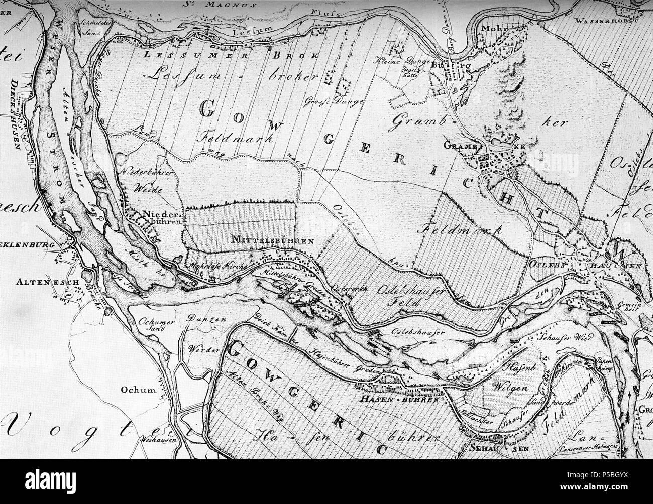 N/A. Inglese: il ritaglio da una mappa a partire dall'anno 1806 da Christian Abramo Heineken, mostrando il territorio accanto a Mittelsbüren presso il fiume Weser. Deutsch: Ausschnitt einer Karte Bremens von Christian Abramo Heineken aus dem Jahr 1806, der das capitolo Gebiet um Mittelbüren an der Weser zeigt. 1806. Christian Abramo Heineken 233 Bremen (Ausschnitt) - C. A. Heineken - 1806 Foto Stock