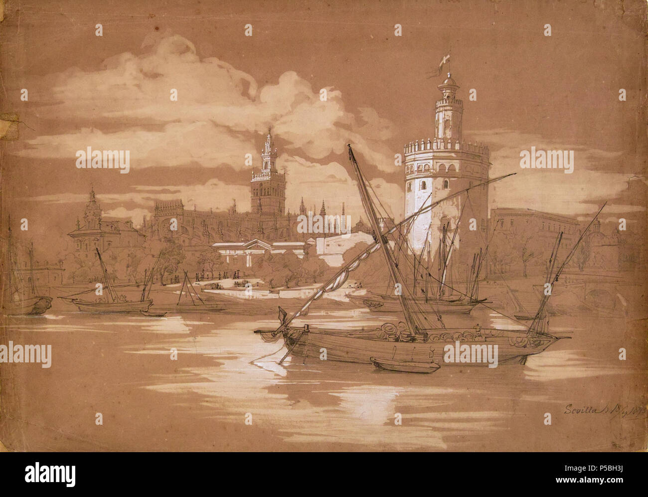 N/A. Deutsch: Blick auf den Goldturm und die Kathedrale von Sevilla, 1845, Bleistift, Weißhöhung, auf braunem Papier, Kulturhistorisches Museum Magdeburg . 1845. Edmund Wodick (1816-1886) nomi alternativi Ludwig Eduard Edmund Wodick Descrizione pittore tedesco Data di nascita e morte 21 novembre 1816 10 marzo 1886 Luogo di nascita e morte Markt Alvensleben bei Haldensleben, heute Bebertal Magdeburg competente controllo : Q1286980 VIAF:170271090 ULAN:500063427 LCCN:no2011146821 GND:1011305399 SUDOC:157856585 WorldCat 209 Blick auf den Goldturm und die Kathedrale von Sevilla, 1845 Foto Stock