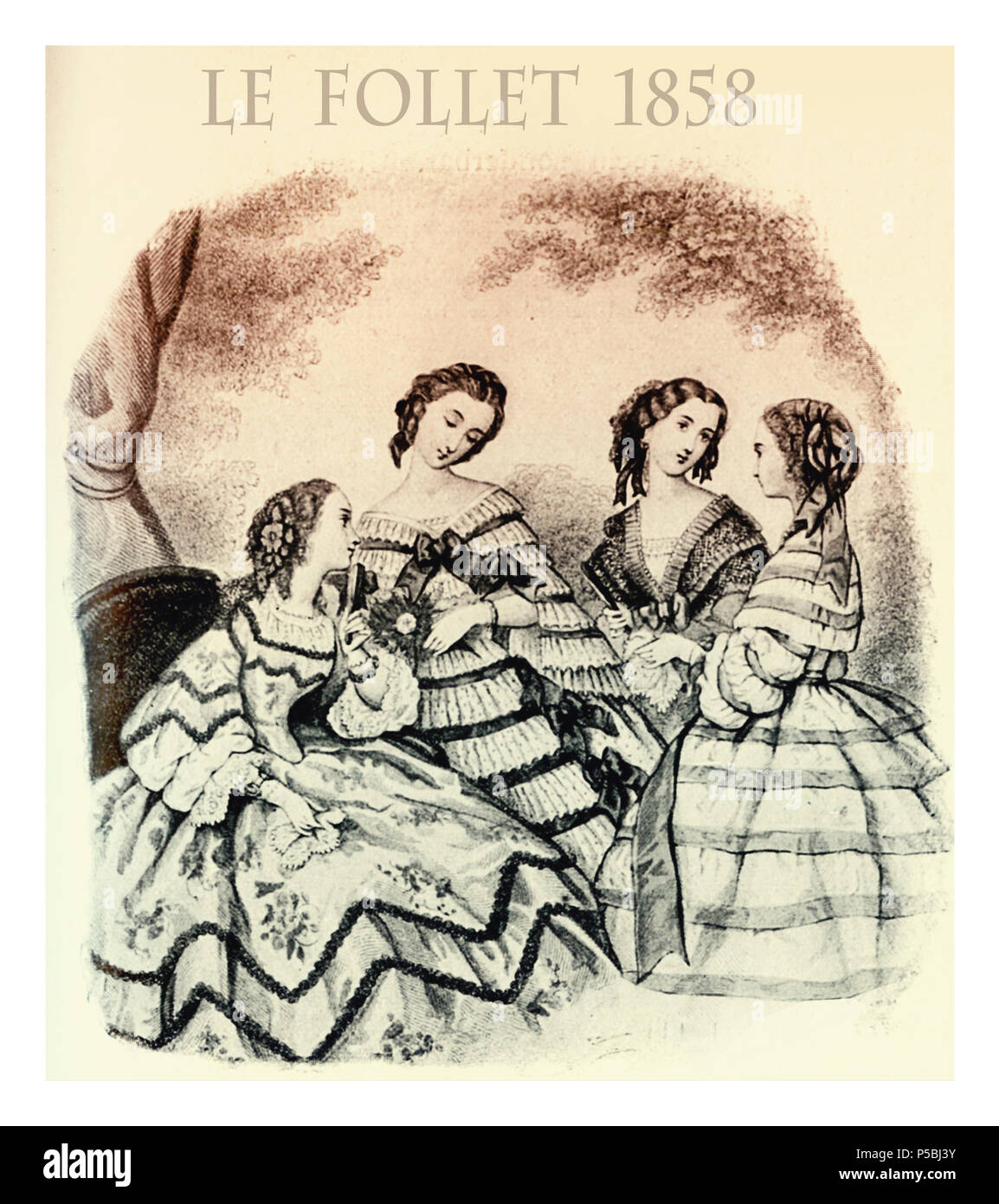 1858 adolescente ragazze moda, rivista francese Le Follet presenta le ragazze ed i ragazzi in piedi in giardino chiacchierando piacevole con panni di fantasia Foto Stock