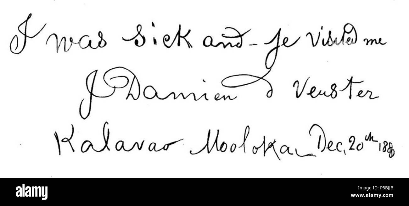 N/A. Inglese: Padre Damien firma a Kalawao, Molokai, data 20 dicembre 1880. Egli ha firmato J Damiano de Veuster. Dicembre 20, 1880, Kalawao, Molokai. Padre Damien 549 Padre Damien 1880 firma Foto Stock