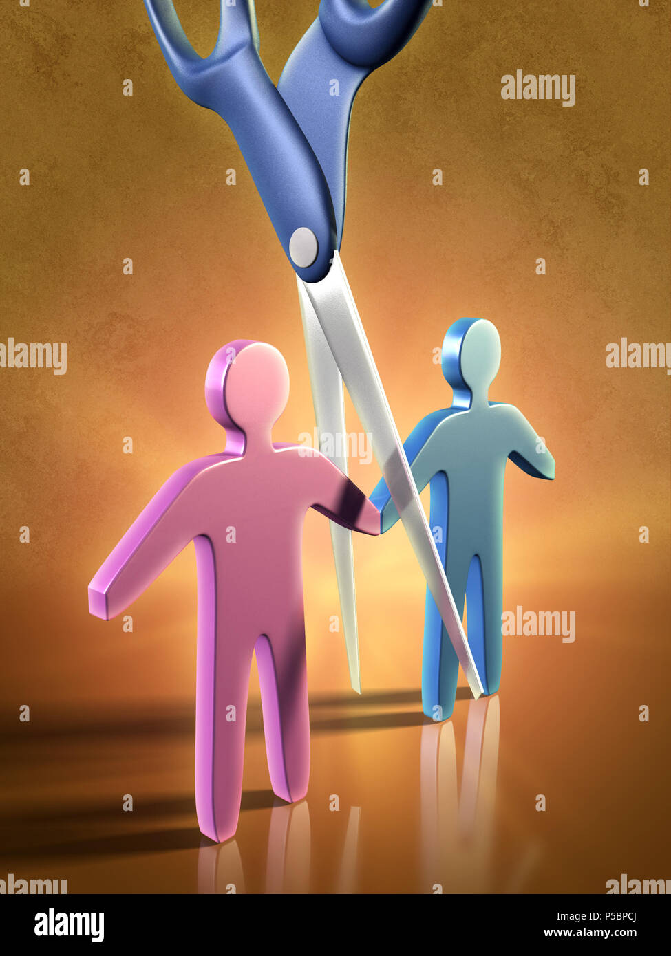 Due icone di persone essendo separati da un paio di forbici. Illustrazione Digitale. Foto Stock
