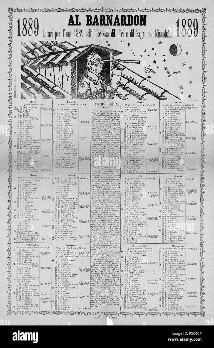 N/A. Emiliàn e rumagnòl: Al Barnardon, Lunàri par l'Ann 1889 coll'indicazion Fêri dil e dil Sagri dal Mirandulês . 1889. Al Barnardon 71 Al Barnardon 1889 Foto Stock