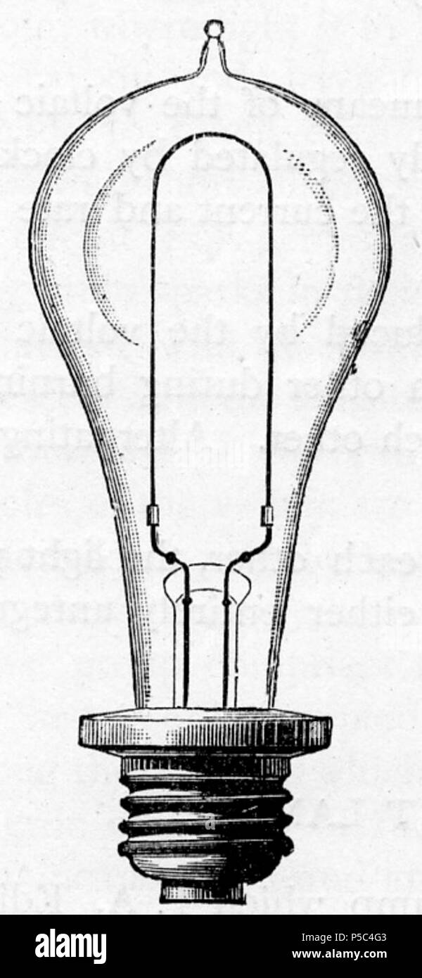 N/A. Inglese: la prima lampada ad incandescenza che T. A. Edison aveva costruito il filo di platino, simile a quello ideato da Changy. Edison ha esaminato le proprietà di molte sostanze organiche e inorganiche, in vista di trovare il migliore sostanza per il filamento, e infine fissa su fibra di bambù. Per mezzo di macchine il bambù è diviso in fibre di mi millimetro di diametro e 12 centimetri di lunghezza. Queste fibre vengono pressate in U-stampi sagomati che sono messi da migliaia in forni, dove essi sono ammessi a diventare carbonizzati. Il filamento di carbonio è attaccato a dei fili di platino, che sono f Foto Stock