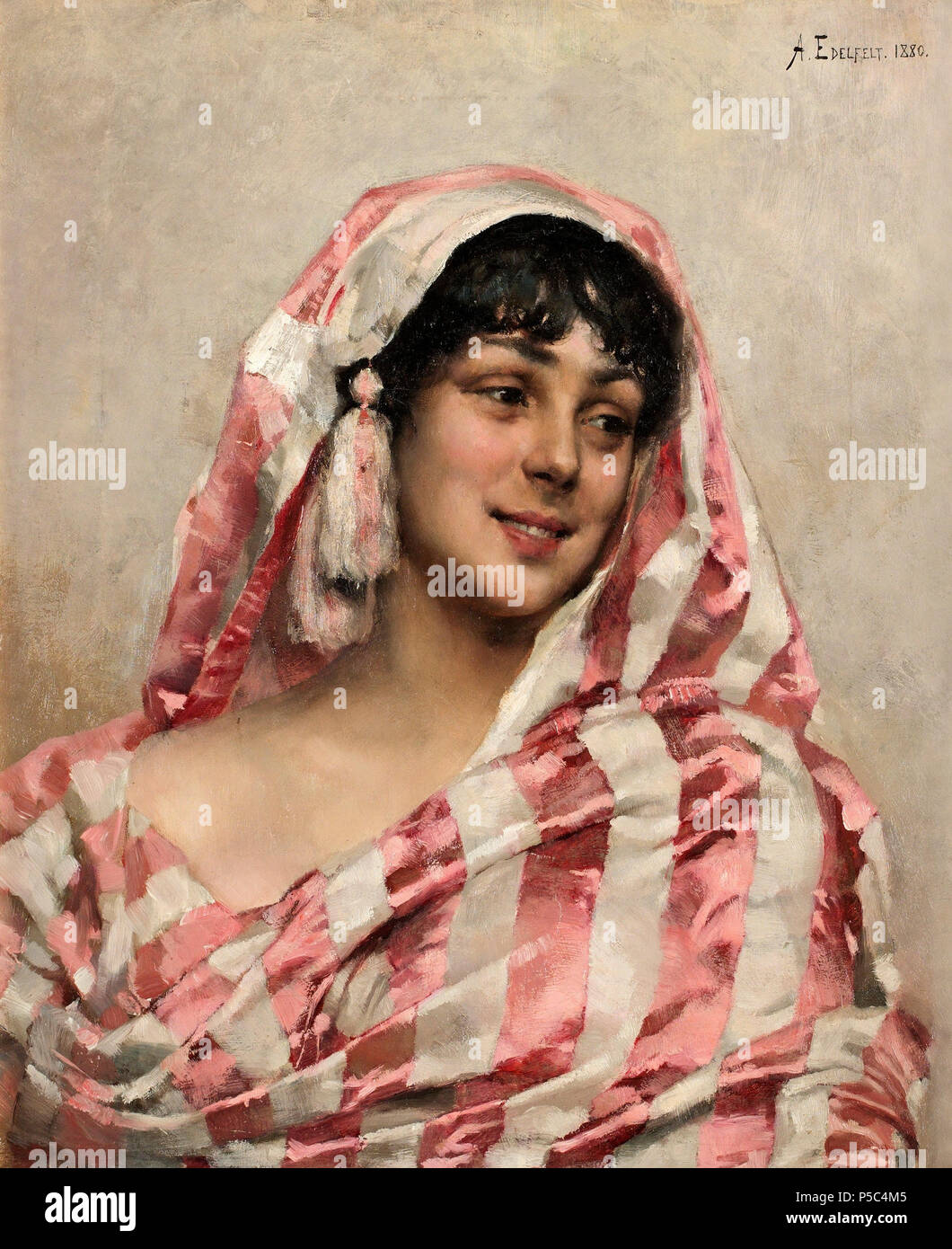 N/A. Inglese: EDELFELT, Albert ridere modello con un panno 1880 Skrattande modell med en duk. Olio su tela, 46,5 x 38 cm . 1880. N/A 492 Edelfelt ridere modello Foto Stock