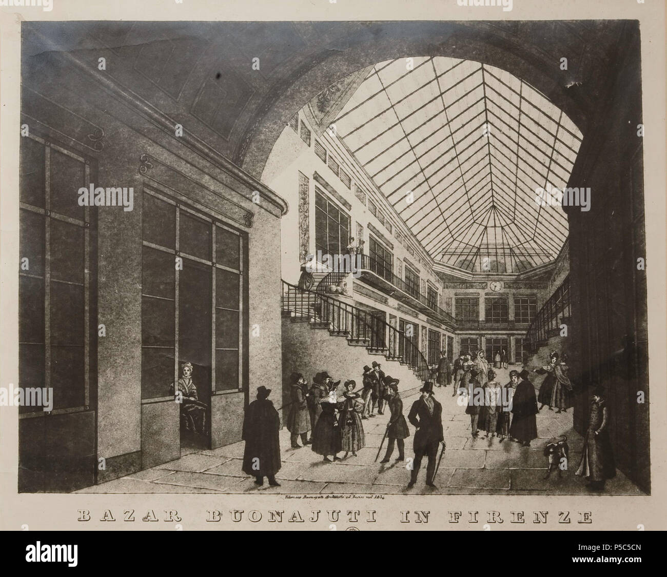 Italiano: Bazar Buonajuti, Firenze 1834 . Italiano: Stampa del 1834 rappresentante il salone d'ingresso del Bazar Bonaiuti di Firenze, progettato dallâ architetto Telemaco Bonajuti. L'edificio commerciale nel '900 cambio' proprietà e denominazione dando vita ai magazzini Duilio 48' (come Firenze, Archivio Duilio 48) . 1834. N/A 179 Bazar Buonajuti, Firenze 1834 - san dl SAN IMG-00001334 (ritagliate) Foto Stock