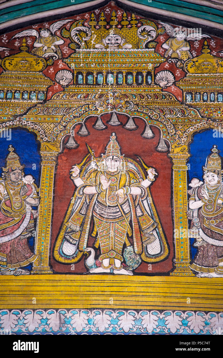 Colorati dipinti sulla parete di soffitto di Darbar Hall di Thanjavur Maratti palace, a Thanjavur, Tamil Nadu, India Foto Stock