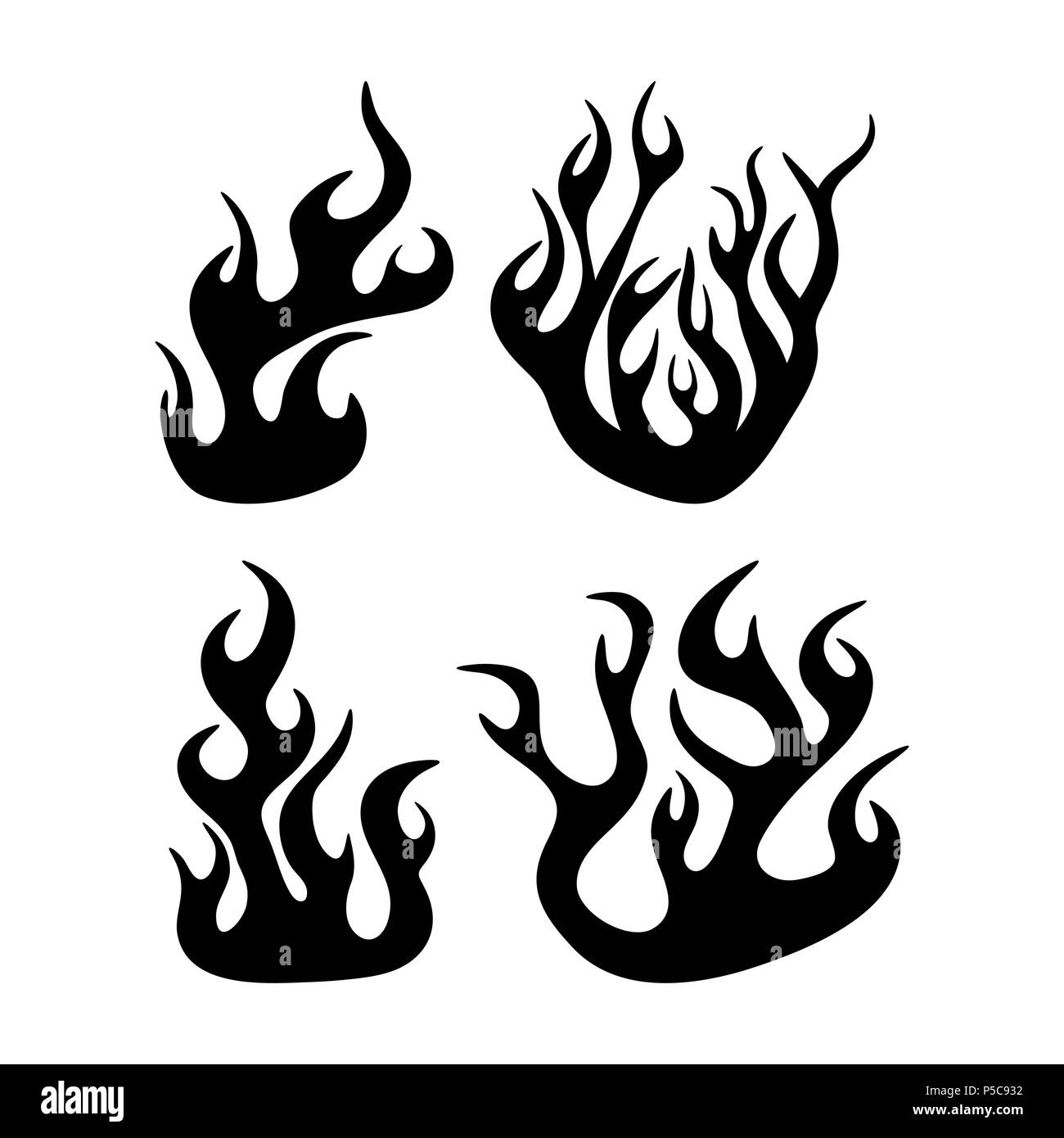 Vigili del fuoco di fiamma silhouette set design isolato su bianco Illustrazione Vettoriale
