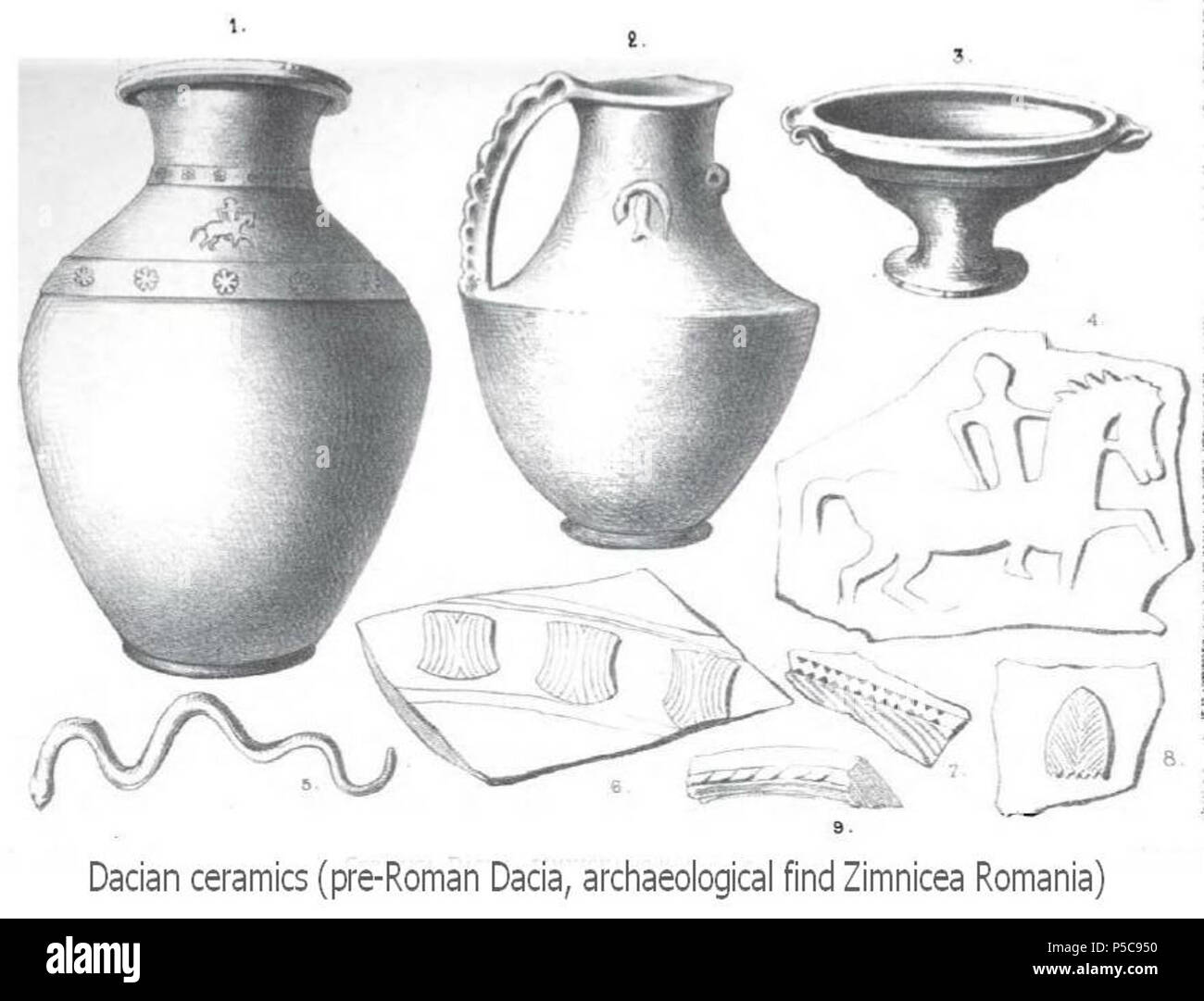 N/A. Inglese: reperti archeologici: Daci ceramiche di Zimnicea Romania (pre-Dacia Romana) note = 1) Urn (altezza 76 cm) con un motociclista raffigurazione ripetuta 6 volte 2) Tazza con la rappresentazione di un serpente e uno zoccolo di cavallo 3) piedistallo piatto 4) Il pilota da #1 (pm) 5) Il serpente da # 2 (CUP) 6) ornamento da #1 urna 7) ornamento 8) ornamento 8) ornamento . 1877. Grigore Tocilescu George (26 Ottobre 1850 - 18 settembre 1909) 405 Daci ceramico (trova Zimnicea, pre-Dacia Romana) Foto Stock