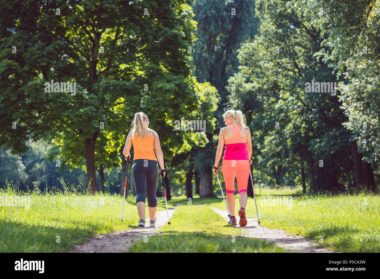 Madre e figlia facendo Nordic Walking Foto Stock