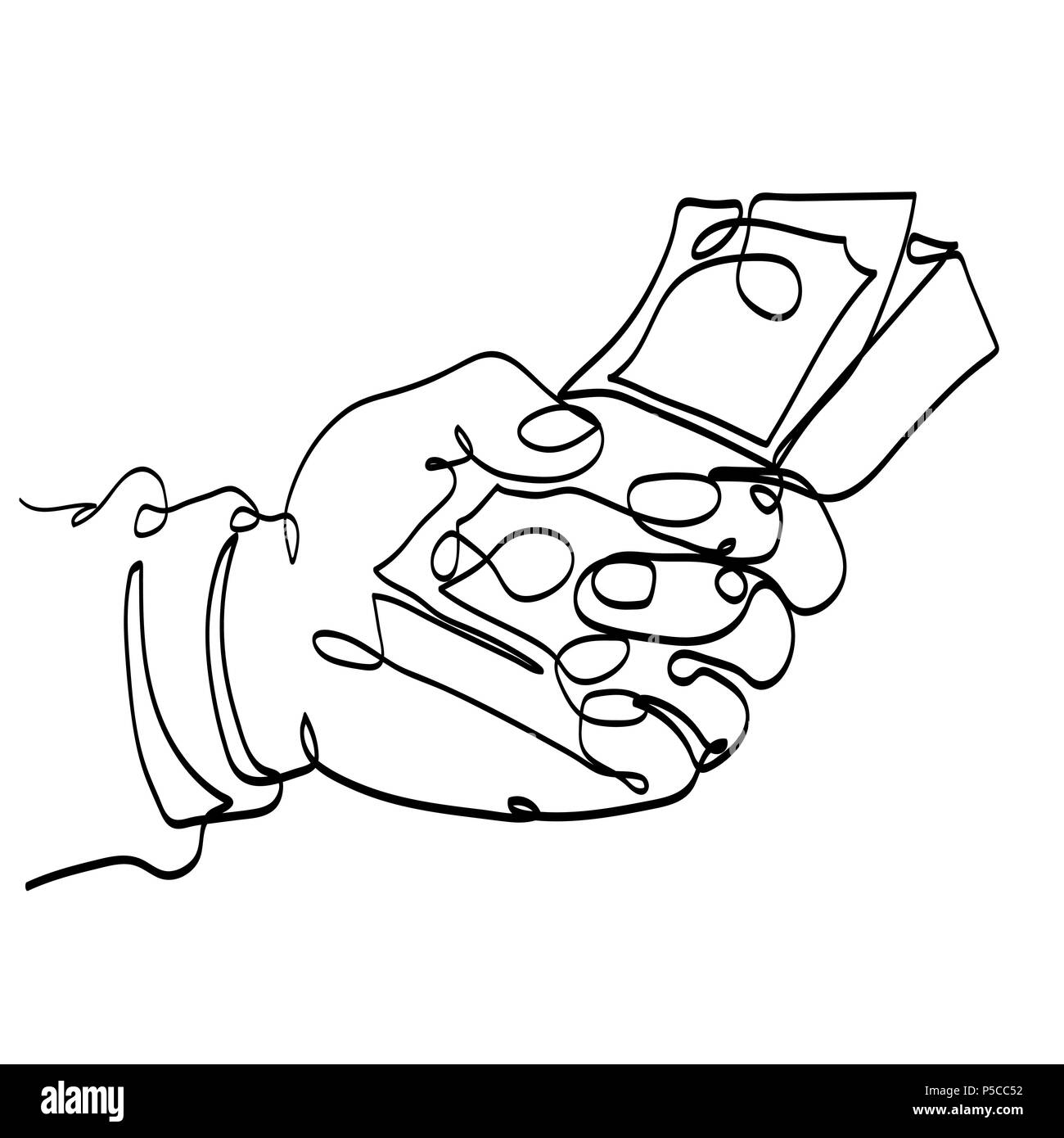 Mano azienda denaro, un disegno della linea isolati su sfondo bianco, per business finance concept-Vector una linea disegno vettoriale di illustrazione. Illustrazione Vettoriale
