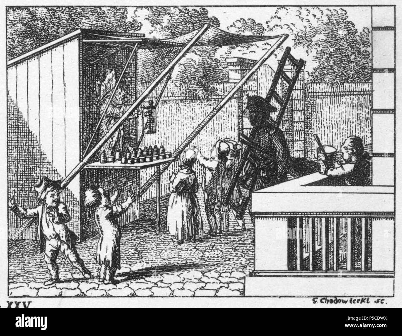 N/A. Scheda. XXV. Einige Beschaffenheiten der Gedanken menschlichen. d) Der Irrtum durch falsche Schlüsse aus wahren Beobachtungen un einem Knaben, der einen Stock im Wasser für gebogen hält; ferner der mit Fleiß verursachte Irrtum durch Erzählung von einem schwarzen Manne, und durch die Ruhmredigkeit eines Marktschreiers, der eine Puppe in dem Glase voll Wasser allerlei Bewegungen machen läßt. Beschreibung (lt. Quelle) . 1774. Daniel Chodowiecki (1726-1801) nomi alternativi Daniel Nikolaus Chodowiecki Descrizione German-Polish pittore e incisore Data di nascita e morte 16 Ottobre 1726 Foto Stock