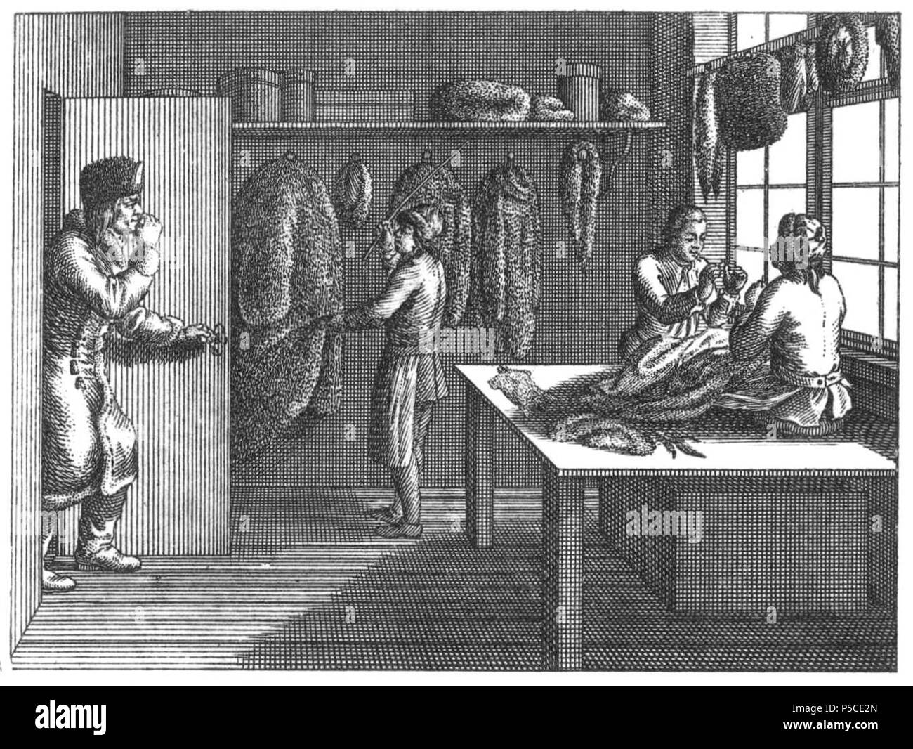 N/A. Scheda. LV. Handwerke und Künste. a) Der Kürschner, welcher einen Pelz näht. Der Lehrbursche klopft einen Wildschur aus. An der Wand allerlei Pelzwerk; am Fenster eine Mütze, ein paar Handschuhe und ein Fuchsschwanz. Der Käufer frostige. Beschreibung (lt. Quelle) . 1774. Daniel Chodowiecki (1726-1801) nomi alternativi Daniel Nikolaus Chodowiecki Descrizione German-Polish pittore e incisore Data di nascita e morte 16 Ottobre 1726 7 febbraio 1801 Luogo di nascita e morte Gdask Berlino posizione di lavoro autorità di Berlino controllo : Q696720 VIAF:59092320 ISNI:0000 0001 2134 8231 ULAN:50001 Foto Stock
