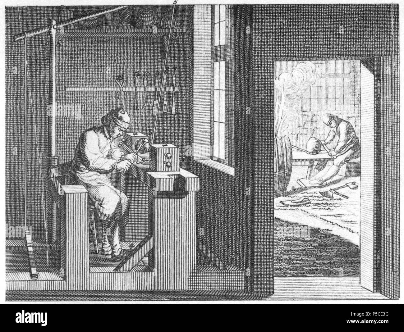 N/A. Scheda. LVIII. Handwerke und Künste. a) Der Drechsler, auf der Drechselbank, woran 1, 1 die Reitstöcke, 2 der Körper drechselbare, 3 die Schnur, 4 der Fußtritt, 5, 6, die Wippe, 7 ein Meißel, 8 die Röhre, 9 das Hohleisen, 10 das Bohreisen, 11, 12 das Schraubeneisen, 13 der Tasterzirkel. - Im Hofe der Böttcher, welcher auf der Schneidebank einen Reifen schabt. Neben ihm werden Stäbe vermittelst des Flammenfeuers gebogen. Der Bandhaken 14. Beschreibung (lt. Quelle) . 1774. Daniel Chodowiecki (1726-1801) nomi alternativi Daniel Nikolaus Chodowiecki Descrizione German-Polish pittore e Foto Stock