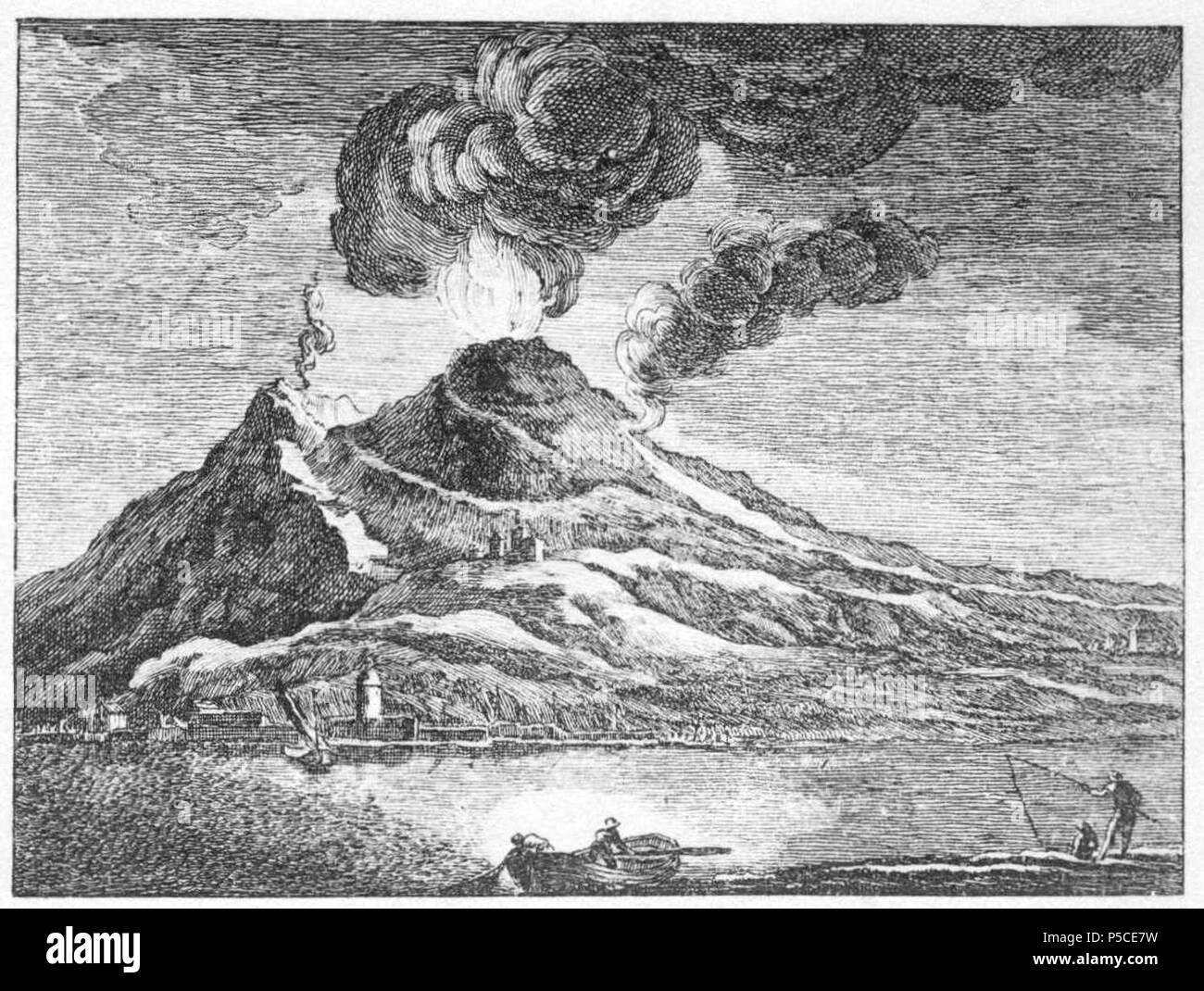 N/A. Scheda. XCIII. Zur Geographie. b) Der brennende Vesuv bei Nachtzeit. Vorn Fischer mit Netzen und Angeln. In der Ferne ein Teil von Neapel, am Fuße des Gebirges. Schiffe im Hafen, von denen eins ankommt. Der Vesuv, von kleineren Bergen umgeben, wirft Rauch, Flammen und Steine heraus und gießt Lava die den Berg herunter, welche oben beim Ausflusse glühend, tiefer unten aber mehr erkältet scheint. Beschreibung (lt. Quelle) . 1774. Daniel Chodowiecki (1726-1801) nomi alternativi Daniel Nikolaus Chodowiecki Descrizione German-Polish pittore e incisore Data di nascita e morte 16 Ottobre Foto Stock