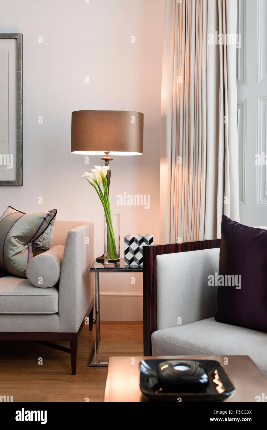 Lampada e fiori in stile moderno soggiorno Foto Stock