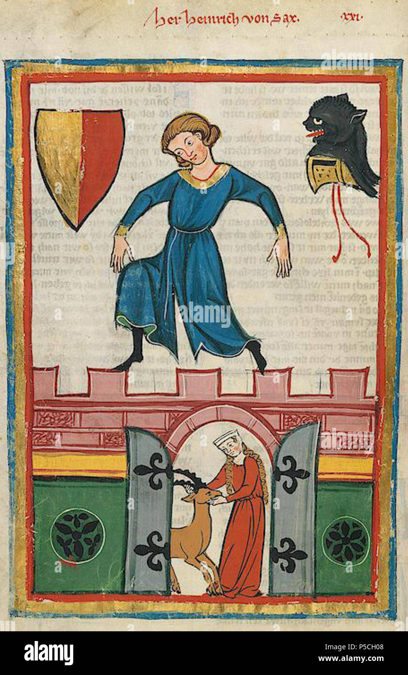 N/A. Deutsch: Minnesänger Heinrich II. von Sax (1235-1289) in der Manessischen Liederhandschrift, fol. 59v . tra 1305 e 1315. Meister des Codex Manesse (Grundstockmaler) Descrizione pittore tedesco periodo di lavoro c. 1305-1340 () 363 Codex Manesse 059v Heinrich von Sax Foto Stock