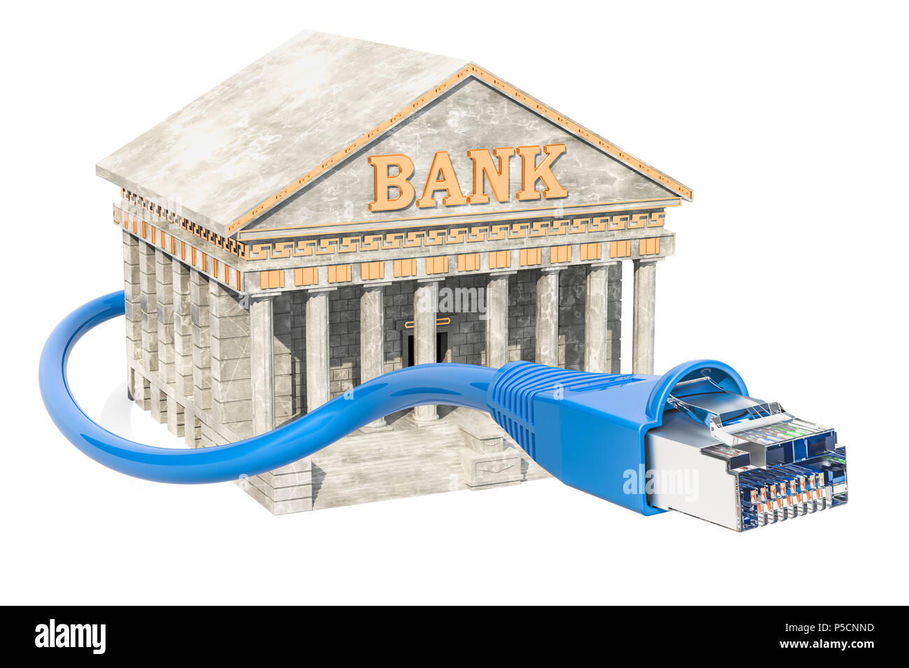 Online Banking concetto, bank building con cavo di terra. 3D rendering isolati su sfondo bianco Foto Stock