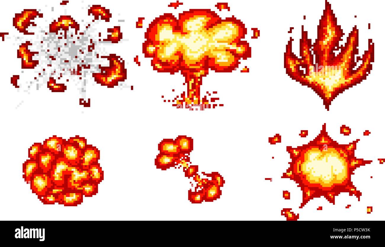 Pixel Art esplosioni. gioco set di icone. Fumetto braccio gli effetti della fiamma per amore. 8 vettore di bit. Bang esplodere burst flash bolla nucleare la dinamite con il fumo. Frame di animazione. Le fasi di processo, Video fire. Illustrazione Vettoriale