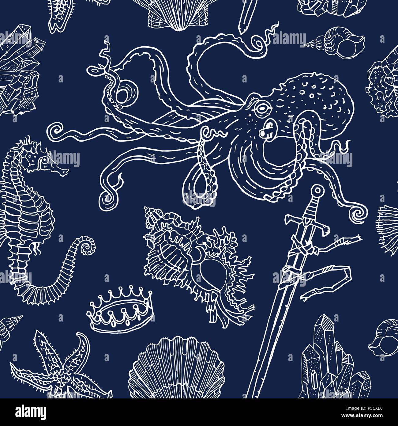 Nautiche modello senza cuciture bianco su blu: polpo, shell, stelle marine, annegato spada, corona, cristalli, cavallo di mare. Disegnato a mano tatuaggio vintage stile di incisione illustrazione vettoriale. Natura e fantasia, bambini. Illustrazione Vettoriale