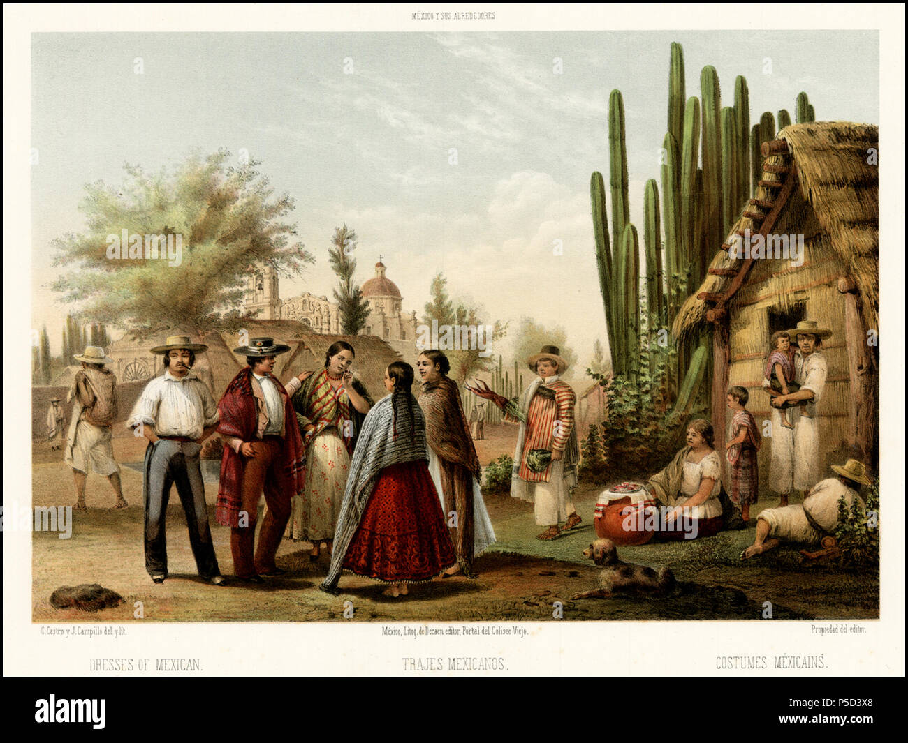 N/A. Inglese: abbigliamento di tipici messicani in una scena rurale al di fuori di Città del Messico, dal Messico y sus Alrededores. Coleccion de Monumentos, Trajes y Paisajes Dibujados al naturale Lithografiados y por los Artistas Mexicanos, publiished a Città del Messico nel 1855-1856. Tra il 1855 e il 1856. Casimiro Castro (1826-1889) 383 costumi Mexicains00 Foto Stock