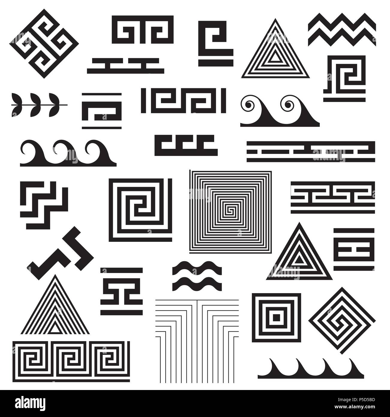 Tipica egiziano, Assiri e motivi greco i simboli vettoriali set. Chiave di greco. Geometrica arabo arte islamica. Geometrica astratta. Vettore e illustrazione. Illustrazione Vettoriale