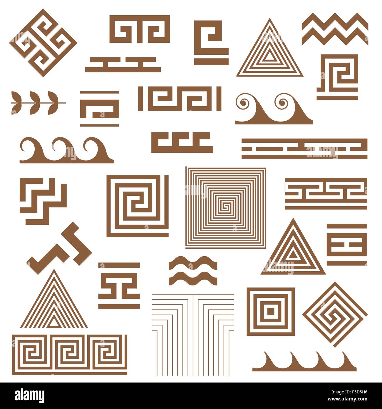 Tipica egiziano, Assiri e motivi greco i simboli vettoriali set. Chiave di greco. Geometrica arabo arte islamica. Geometrica astratta. Vettore e illustrazione. Illustrazione Vettoriale