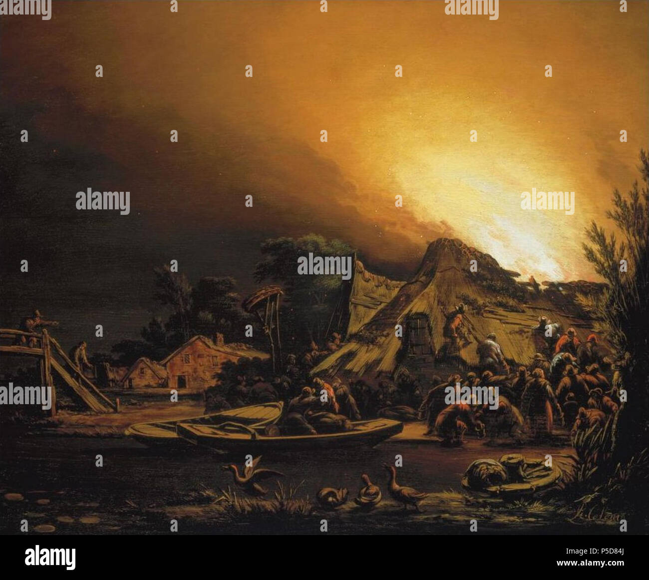 N/A. Inglese: "Villaggio fuoco di notte', pannello, 31,7 x 39,2 cm, firmato nell'angolo inferiore destro. Dal 1650s, di notte gli incendi del villaggio sono state un tema popolare con pittori di Rotterdam. La resa naturalistica degli effetti di luce prodotta dal fuoco e la luna il buio circostante è stata la sfida più grande per un artista. Particolarmente importante in questo sviluppo è stato il lavoro di Egbert van der Poel (1621-1664), che si erano trasferiti in città nel 1654. Egli aveva più fedeli seguaci di Rotterdam, fra le migliori di cui fu Adamo Colonia. . Adam Colonia (1634-1685) 58 Adam de Colone31 Foto Stock