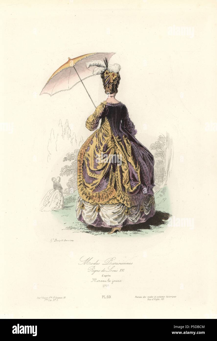 Donne parigine della moda, il regno di Luigi XVI, 1777. Acciaio Handcolored incisione di Hippolyte Pauquet dopo Moreau giovani dai fratelli Pauquet 'Modi et costumi Historiques" (Storico delle mode e dei costumi), Paris, 1865. Hippolyte (b. 1797) e critica Polydor Pauquet (b. 1799) ha eseguito con successo una casa editrice di Parigi nel XIX secolo, specializzata in libri illustrati sul costume, uccelli, farfalle, anatomia e storia naturale. Foto Stock